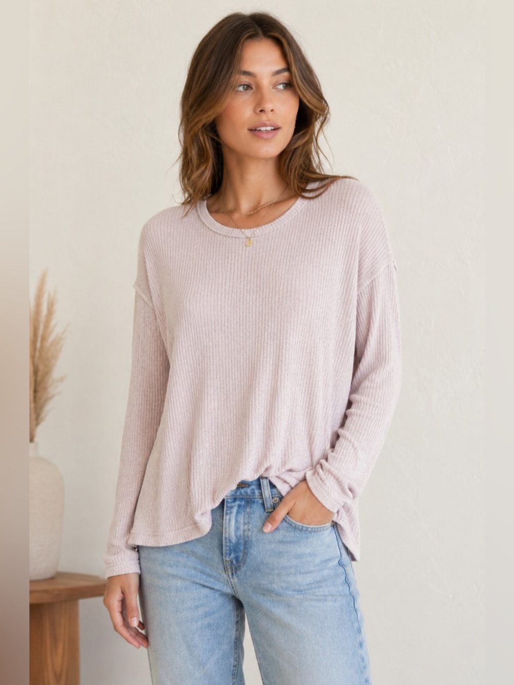 Velvet by Graham & Spencer Pale Blush Ribbed Long Sleeve Tee - Picture 2 of 8